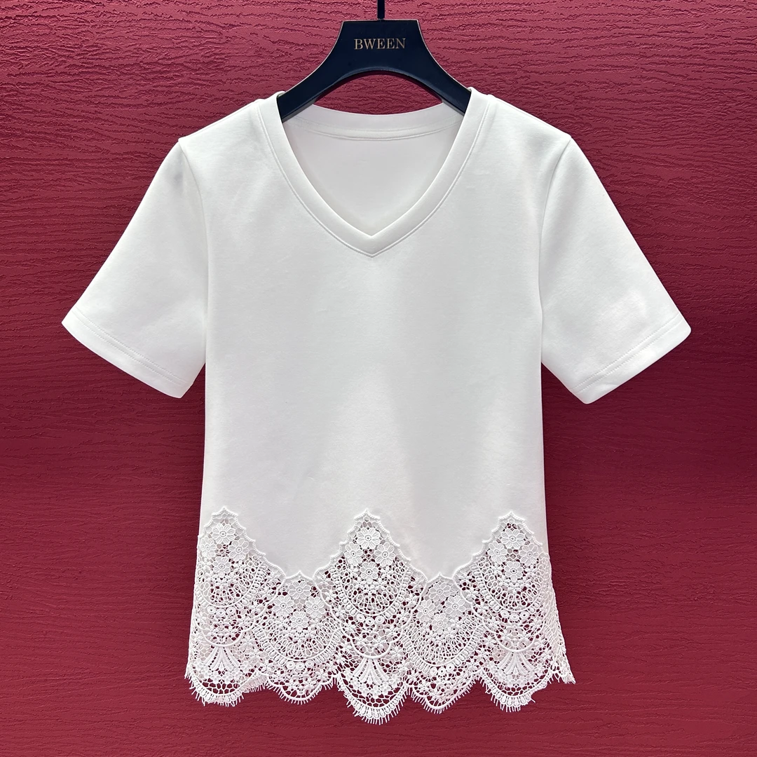 【蕾丝V领】25年夏季新款女士时尚百搭短袖T恤休闲显瘦气质