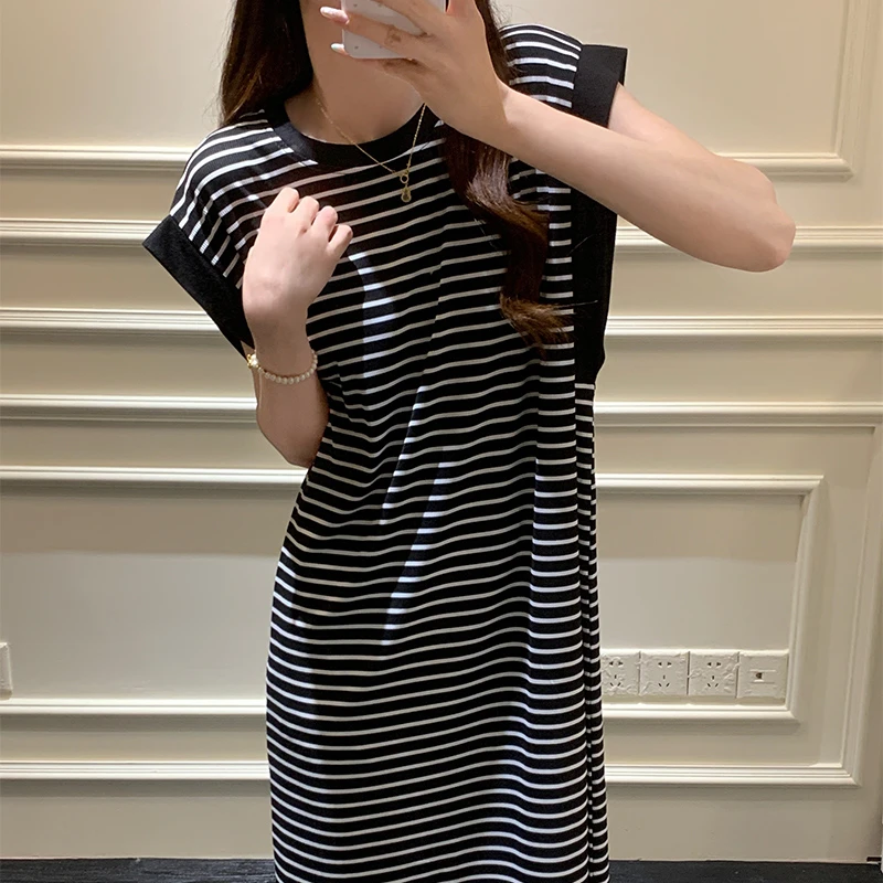 条纹背心睡裙女夏季无袖宽松中长款睡衣夏天简约风薄款显瘦家居服