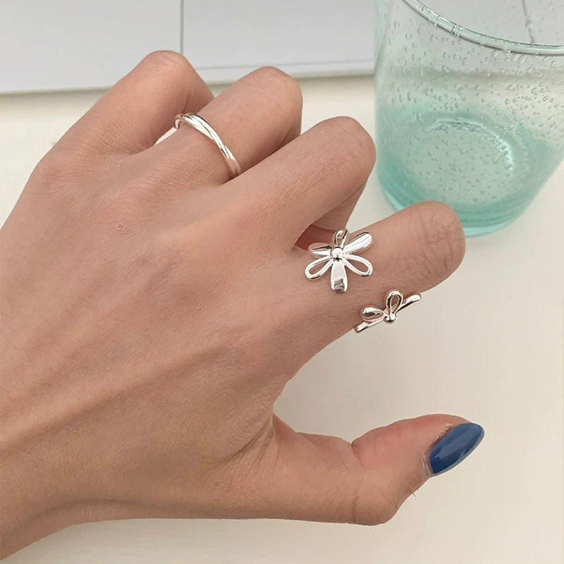 不锈钢琉璃戒指 春夏韩系个性镂空花朵开口戒指女气质百搭食指戒