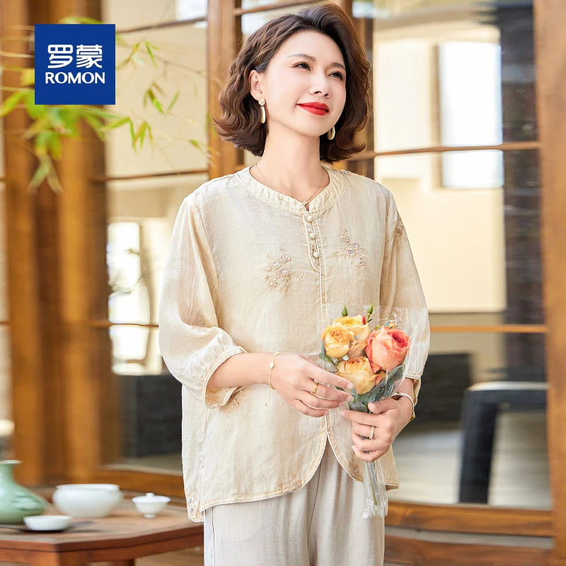 罗蒙妈妈装夏装新款套装女洋气短袖衬衫中老年贵夫人休闲上衣服女