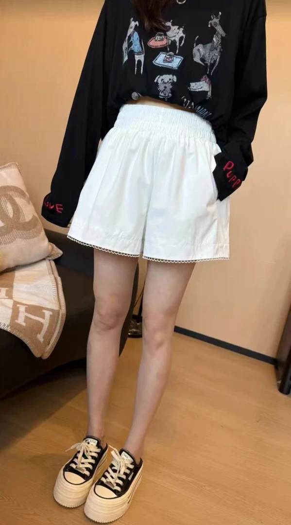 松紧腰洗水棉花边短裤602