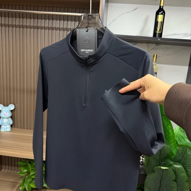 1202秋冬加绒T恤长袖户外运动休闲上衣黑色立领秋冬商务衬衫