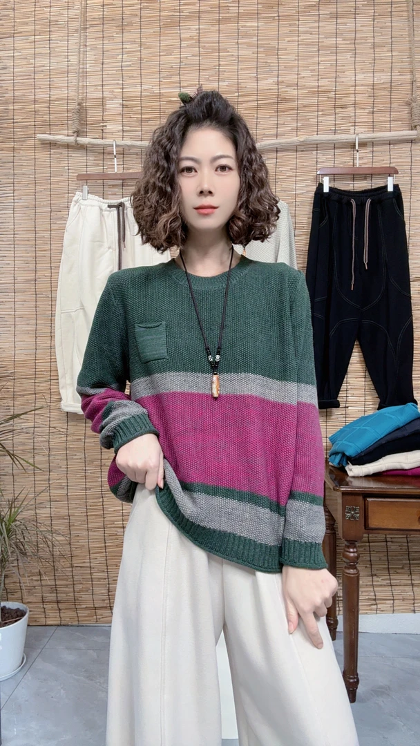 青禾-宽条纹新款休闲百搭显瘦圆领针织长袖毛衣9520