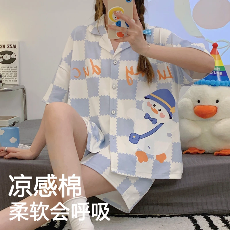 夏天睡衣女款爆款2025新款短袖小个子少女家居服卡通可爱格子套装