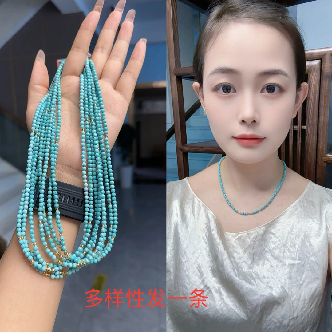 （娇丰绿松石）娇丰原矿绿松石米珠搭配锁骨链绿松小米珠项链1021