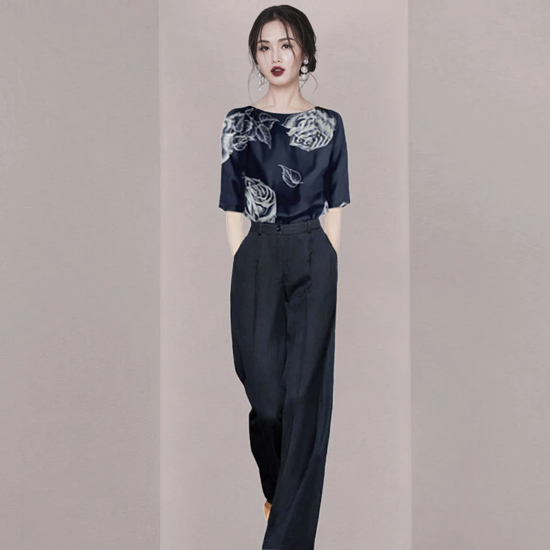 轻熟风气质休闲套装女夏2025新款时尚印花上衣裤子两件套