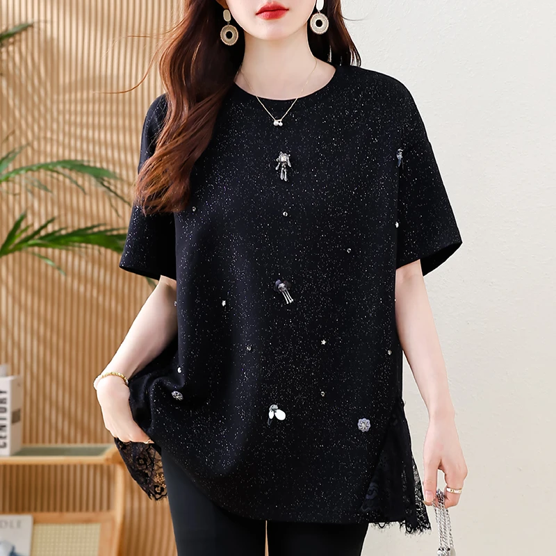 【女神新衣】拼接短袖T恤女夏季大码女装2025新款休闲上衣