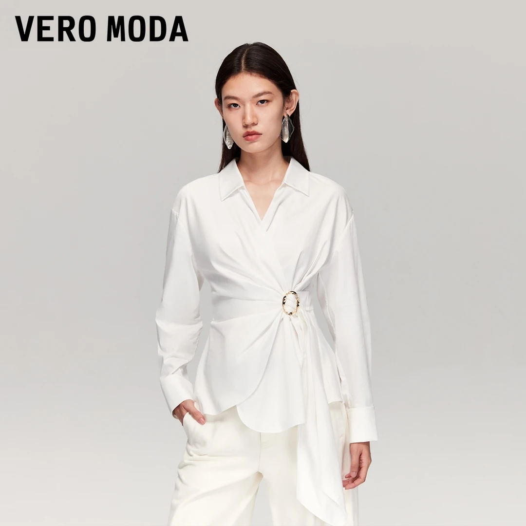 Vero Moda衬衫2025冬季新款含棉金属扣腰带上衣百搭简约325405010