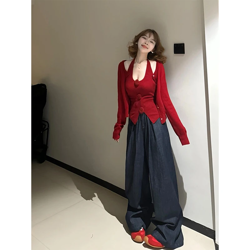 安哥拉红色防晒针织开衫薄款女吊带裙外搭罩衫夏披肩外穿上衣外套