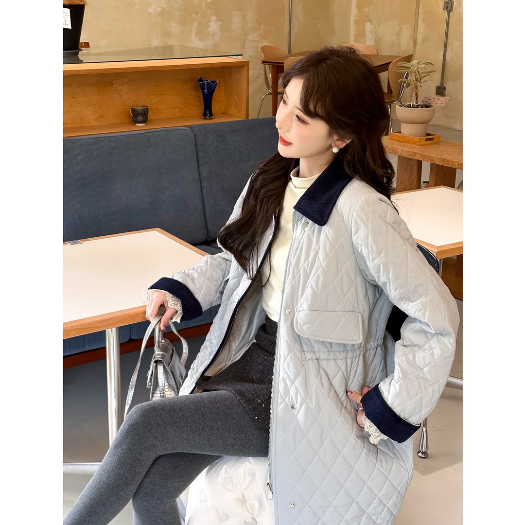 SE【皇后镇】羽绒服女冬季撞色翻领菱格新款气质时尚长款羽绒外套