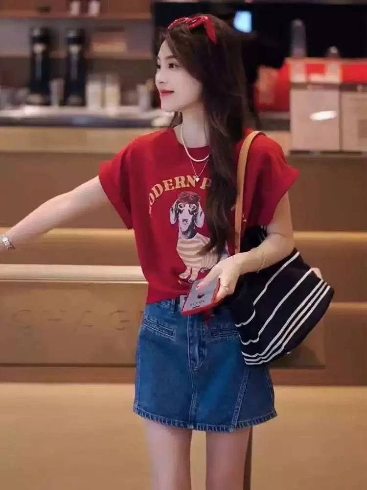 【肉总】卡通小狗甜辣绑带短袖上衣