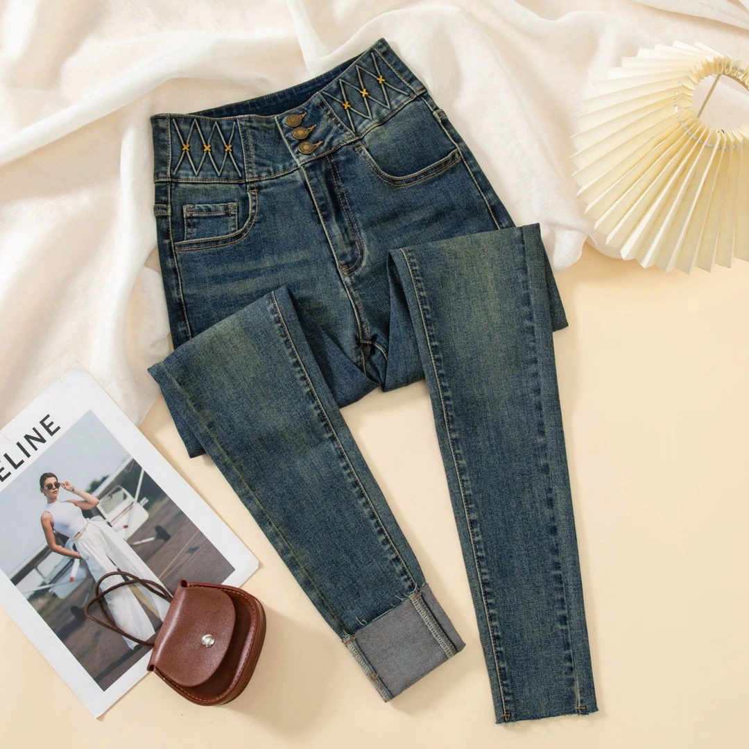 超高腰紧身铅笔牛仔裤女秋冬季新款时尚显瘦百搭弹力小脚裤女外穿