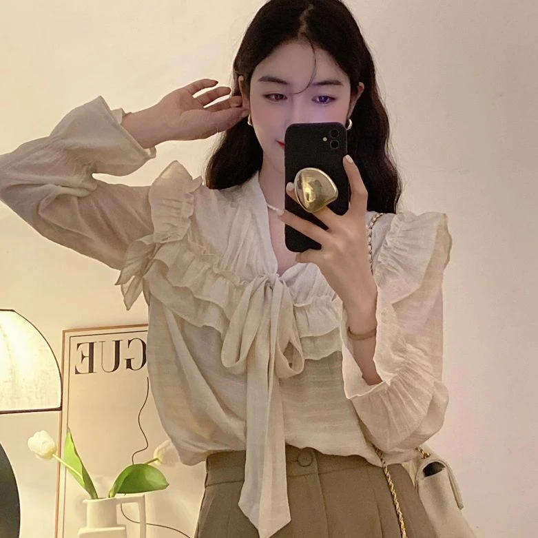 C-7026胖颖专属大码春季新款法式v领荷叶边气质温柔绑带褶皱衬衫