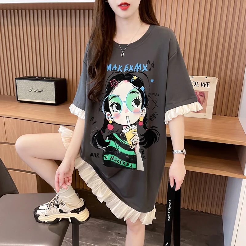 假两件纯棉短袖T恤裙女夏季2025新款韩版宽松oversize显瘦连衣裙