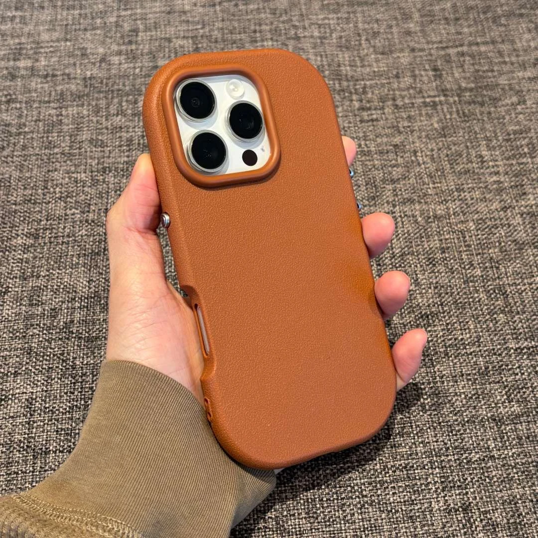 纯色苹果16promax圆形按键荔枝纹适用iPhone14plus手机保护壳13套