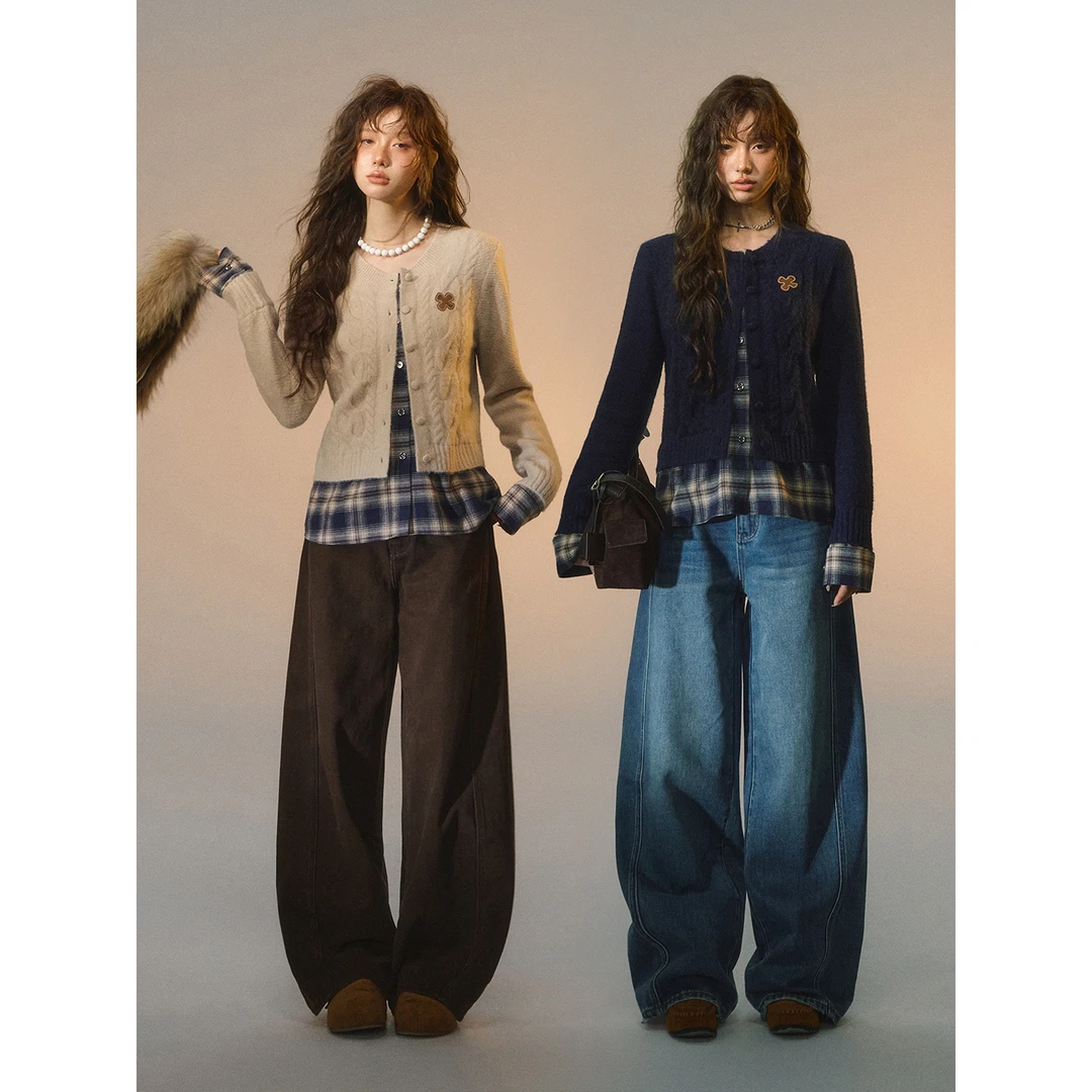 【官方专属】SOMESOWE假两件格纹拼接绞花开衫