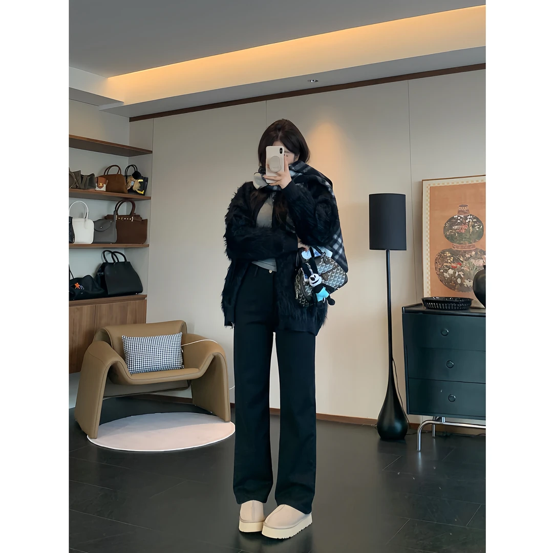 DarlingJust小野墩墩[竹竿腿]秋冬窄版加绒牛仔直筒长裤直筒裤