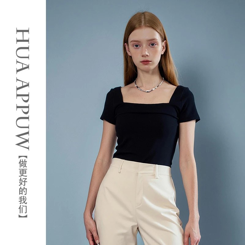 画朴极简风方口领时尚短袖T恤2025夏季新款修身显瘦百搭上衣女装
