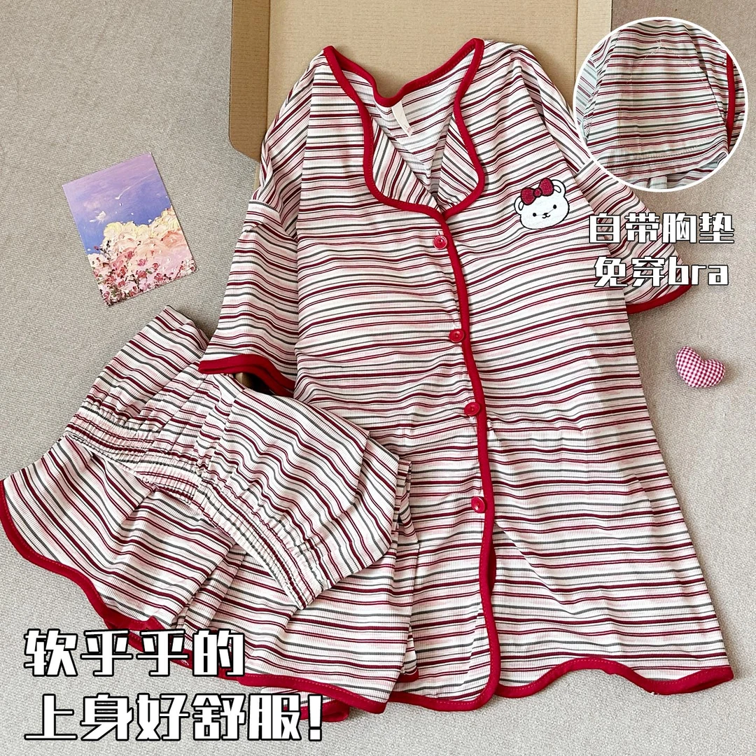 夏季带胸垫睡衣女2025新款条纹短袖小熊冰丝套装少女夏天家居服薄