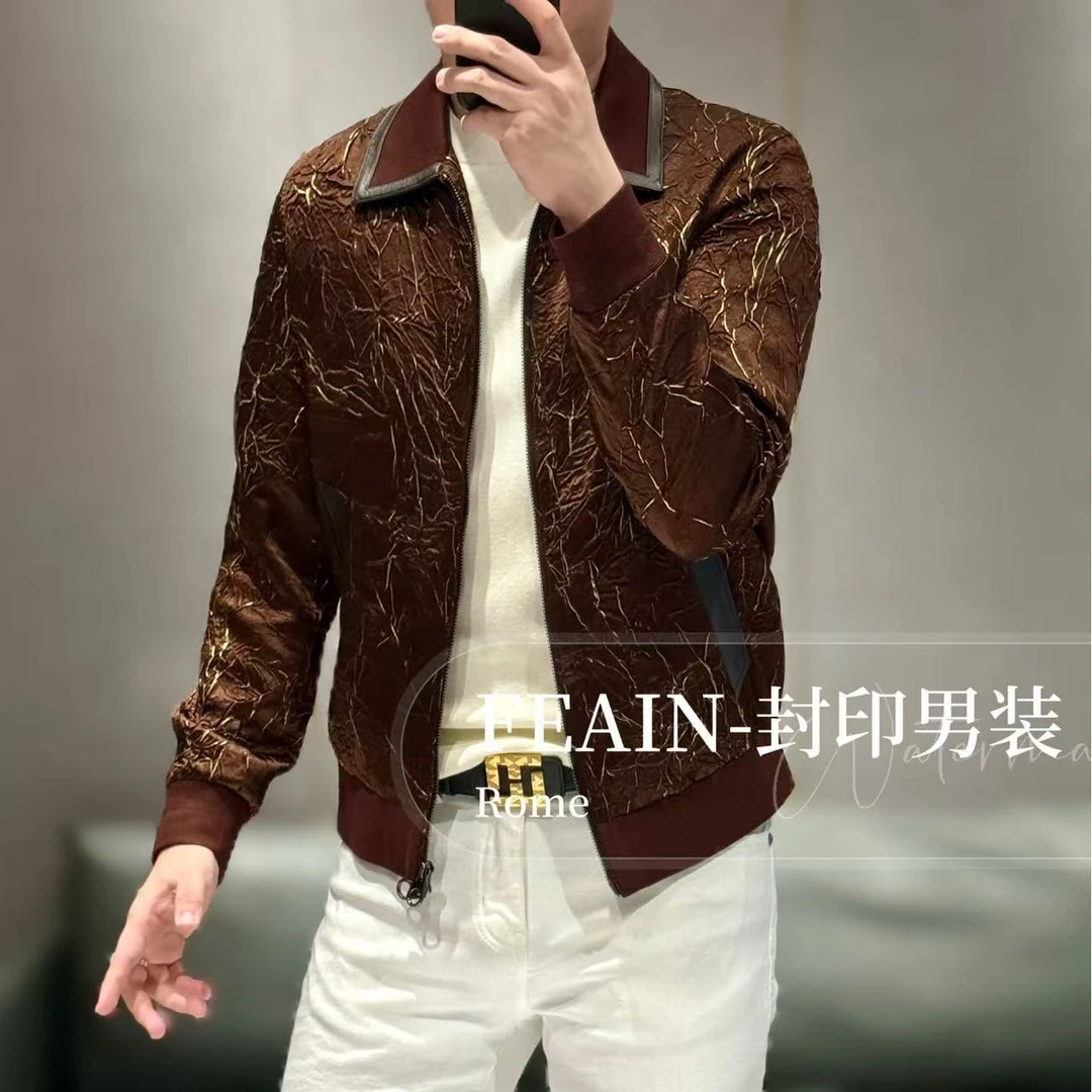 【100%醋酸】定制级绵羊皮拼接手抓火山熔岩肌理感拉链夹克8058