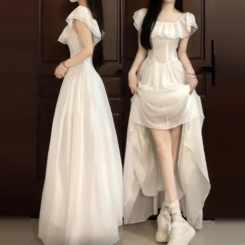 法式高级感白色一字肩连衣裙子女夏季2025年新款收腰显瘦气质长裙