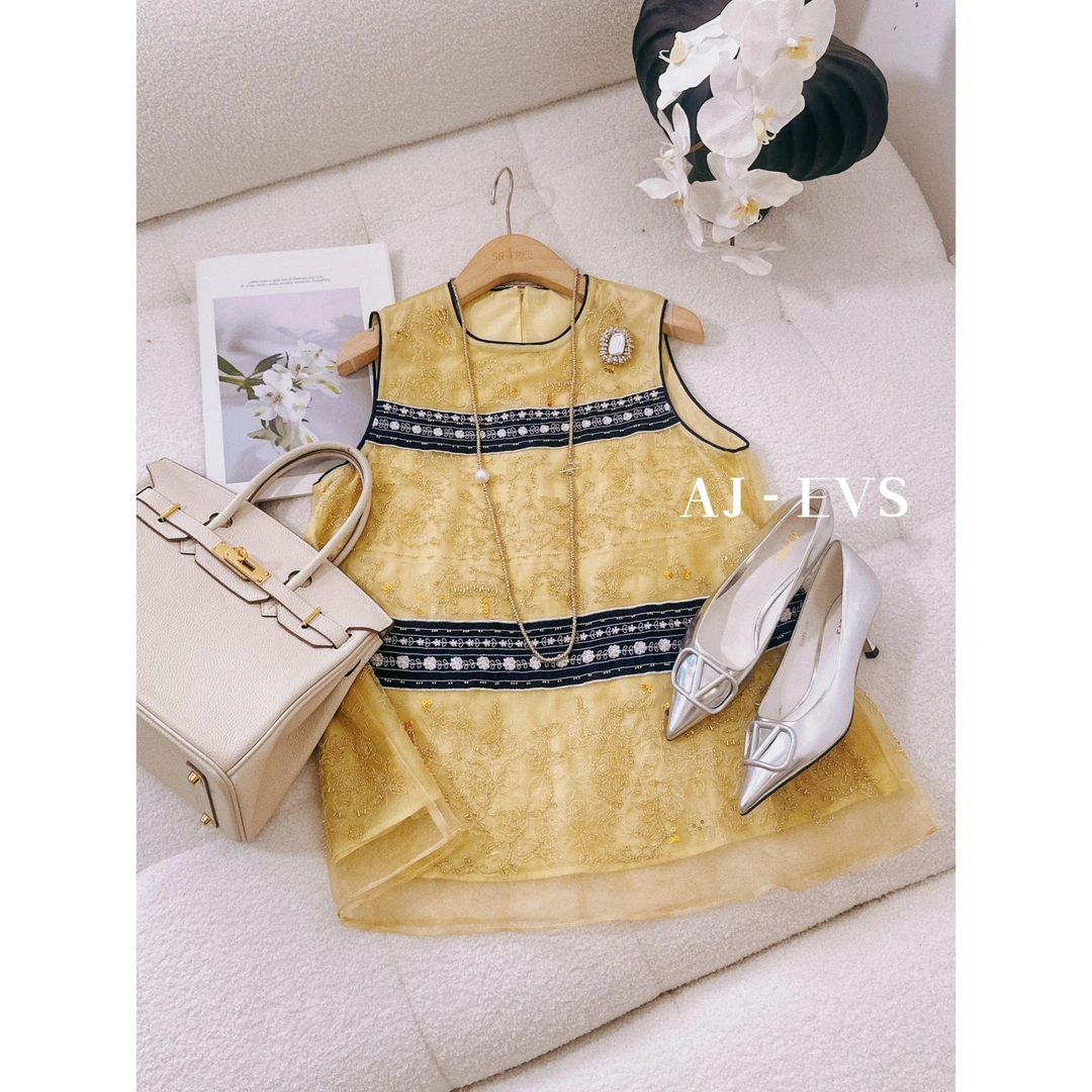 AJ-EVS【富贵优雅·气质真丝重工钉珠绣花无袖上衣】