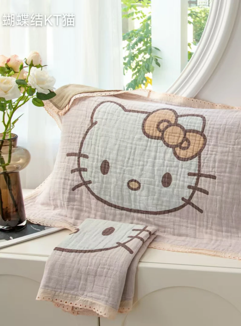 【京かわ会社】纯棉花边枕巾一对装52*75cm 组合 蝴蝶结KT猫