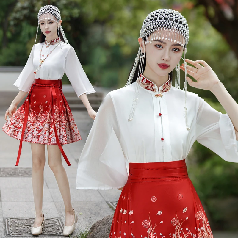 实拍2025年夏季新款新中式改良短款印花马面裙小个子+衬衣两件套