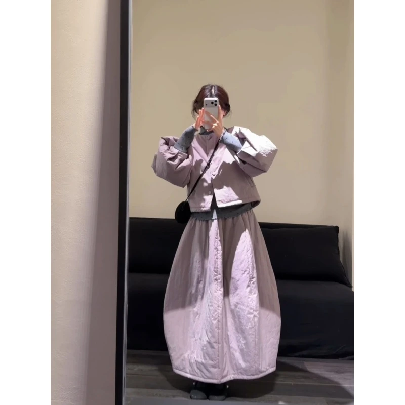 MARIE.COCO韩系搭小香风设计感圆领棉服外套搭花苞半身裙温柔套装