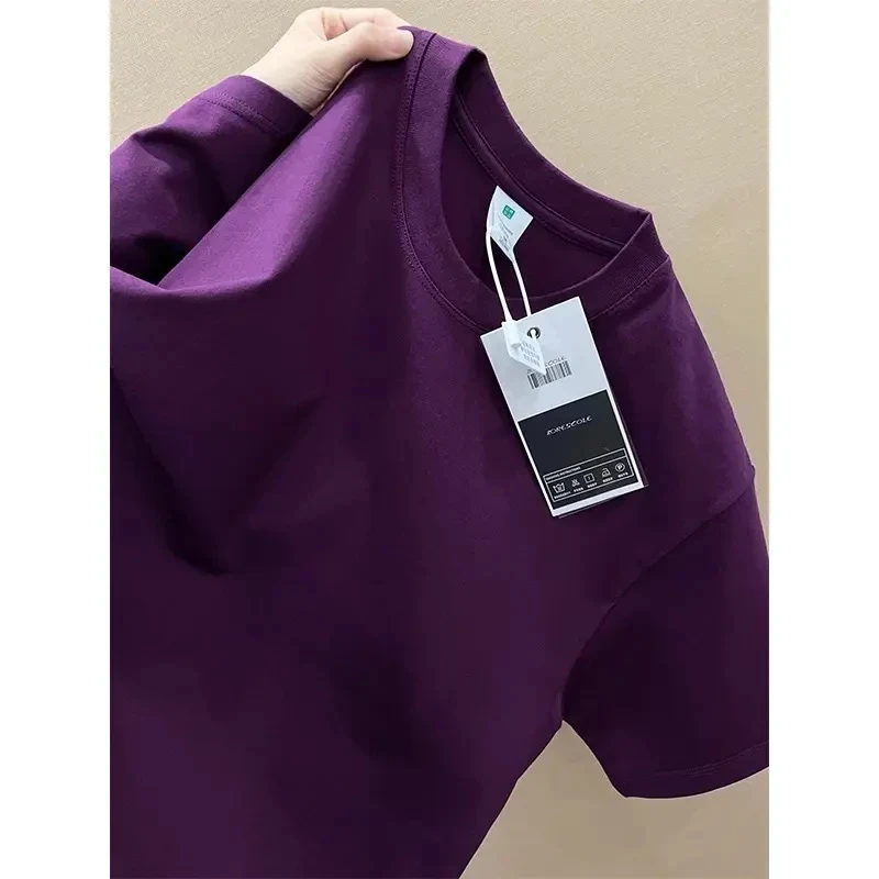 乌梅紫重磅新疆长绒棉T恤男夏季美式小领口短袖二本针纯棉半截袖