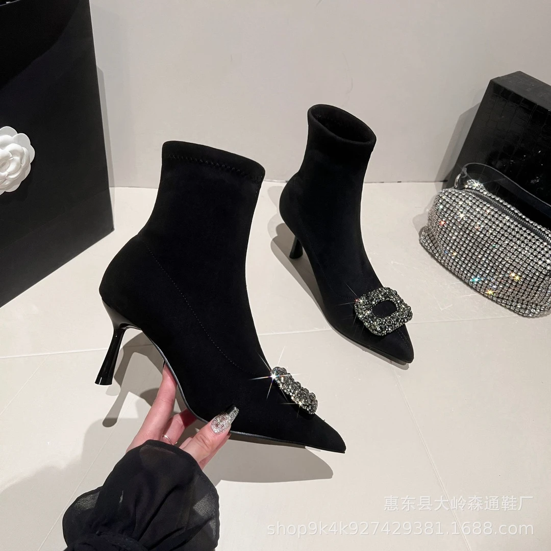 2025年秋冬高跟弹力靴细跟小码313233尖头瘦瘦靴百搭短靴大码4243