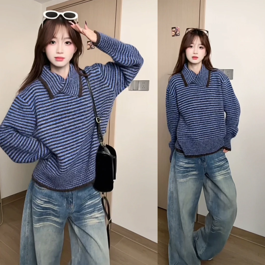 韩系复古条纹撞色翻领毛衣女秋冬季高级感小众加厚软糯针织衫上衣