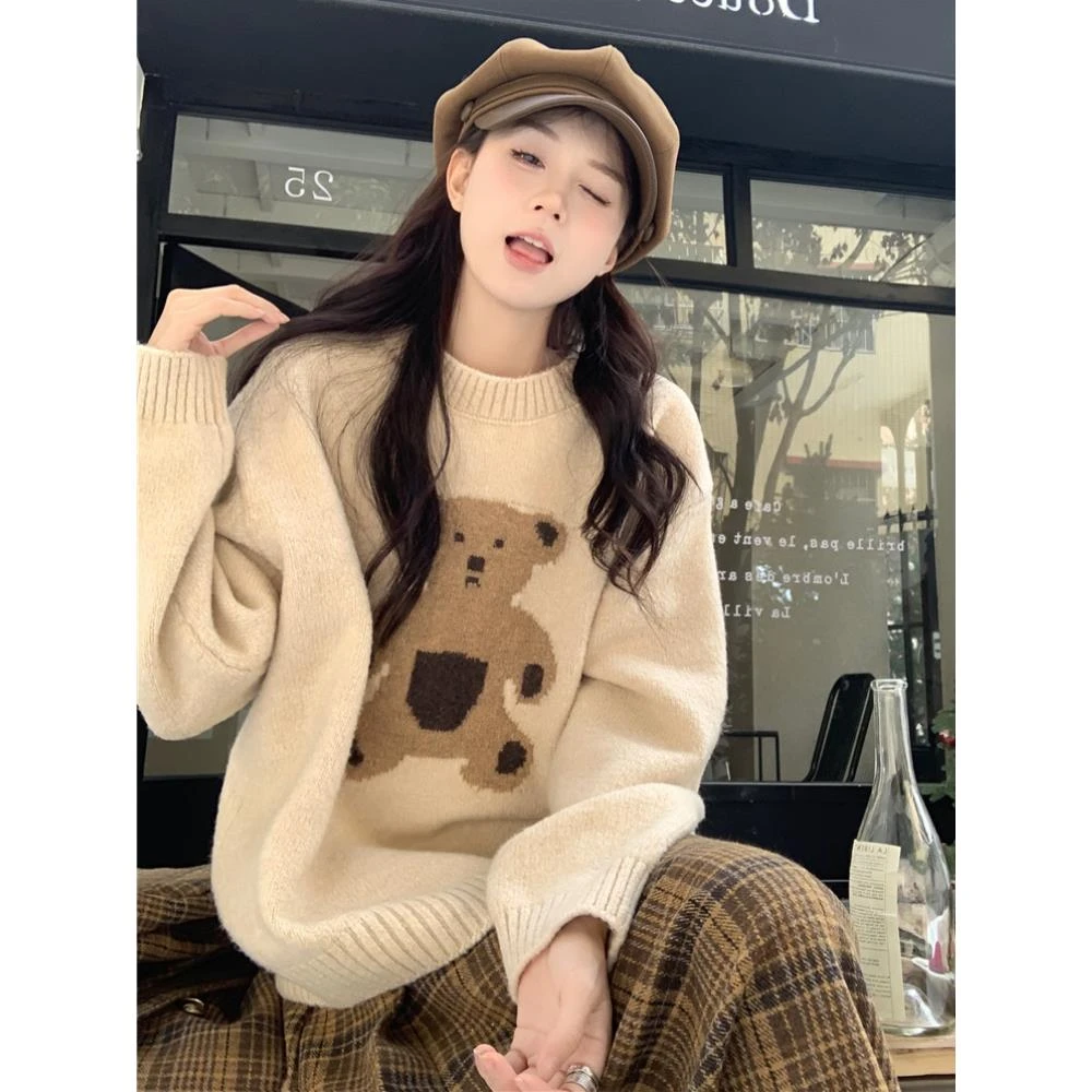 学院风卡通小熊针织毛衣女春秋新款大码胖mm显瘦韩系宽松chic上衣