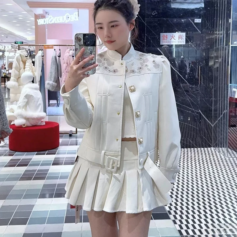不退no换 韩系少女蛋白皮手工钉珠花朵夹克外套+半裙小清新白色