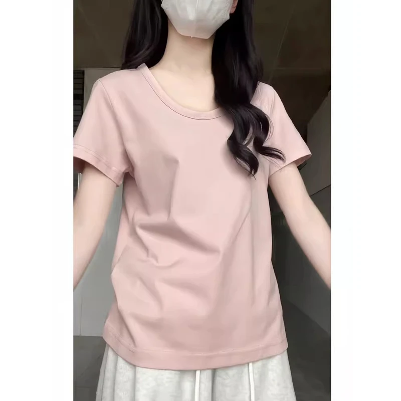 粉色U领休闲t恤T恤女2025夏季百搭正肩慵懒半袖体恤上衣夏季新款