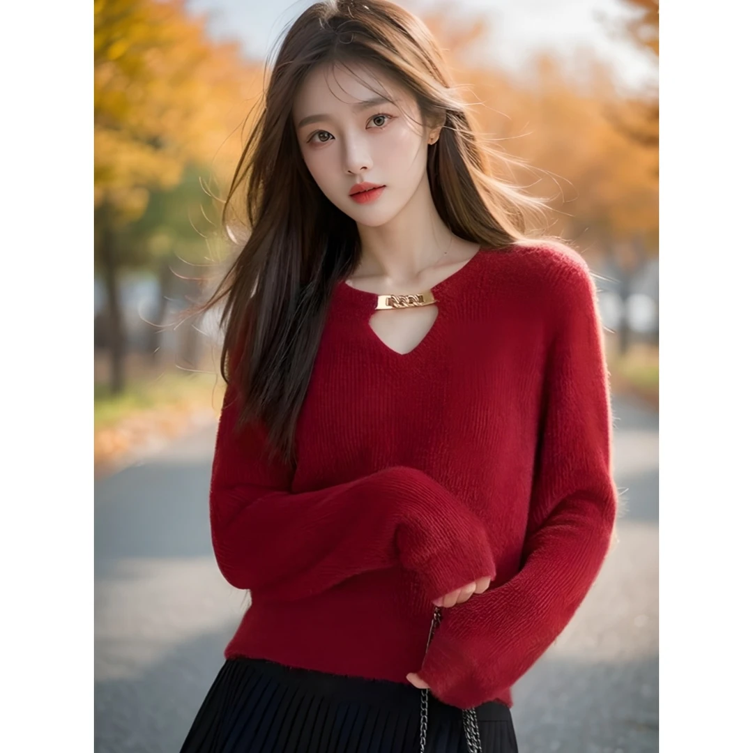 红色毛衣冬季2024新款针织衫香风打底春秋小众加厚针织上衣