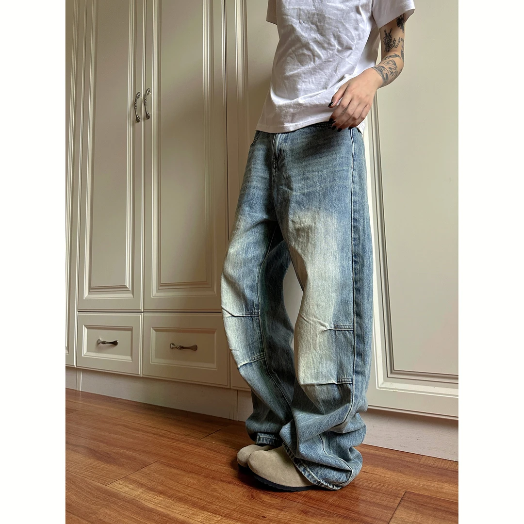 2025春秋美式复古cleanfit褶皱做旧牛仔裤男女款潮牌阔腿直筒裤子