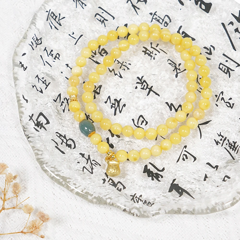 天然俄罗斯蜜蜡双圈翡翠轻奢精美手串QF-B59（多样性发一）