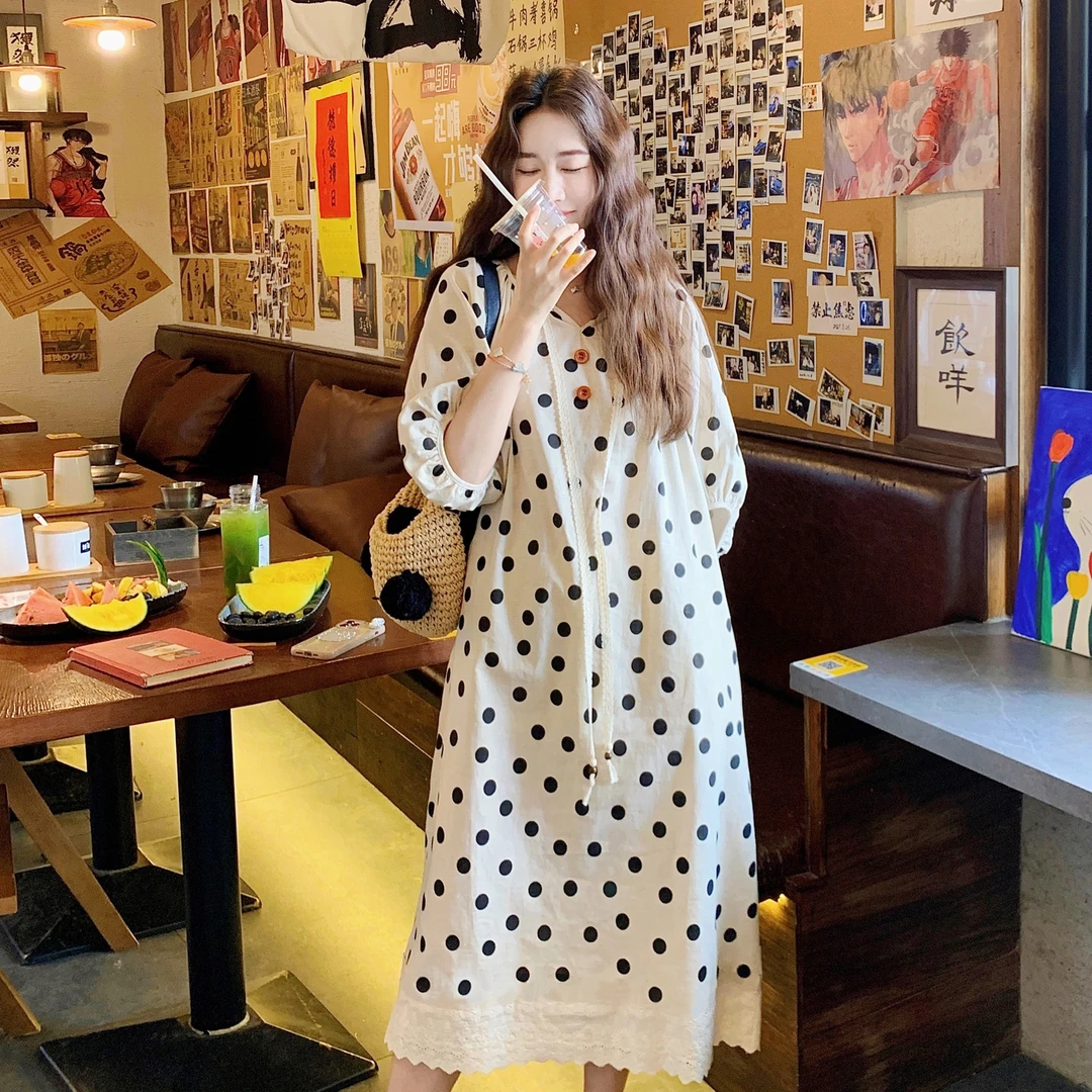 温柔甜美减龄初恋波点公主裙新款小个子蕾丝拼接超好看连衣裙女夏