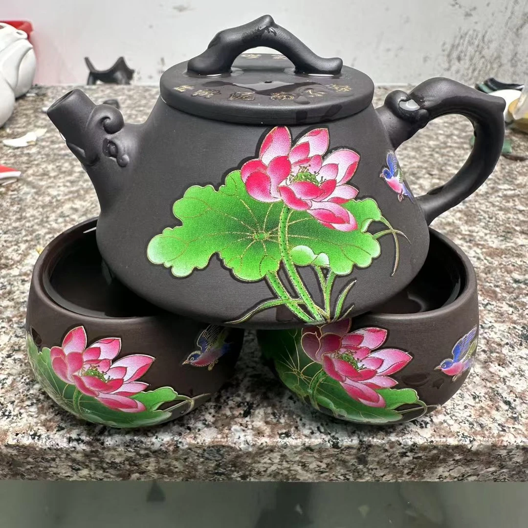 【闪购商品】龙把石瓢荷花紫砂一壶两杯