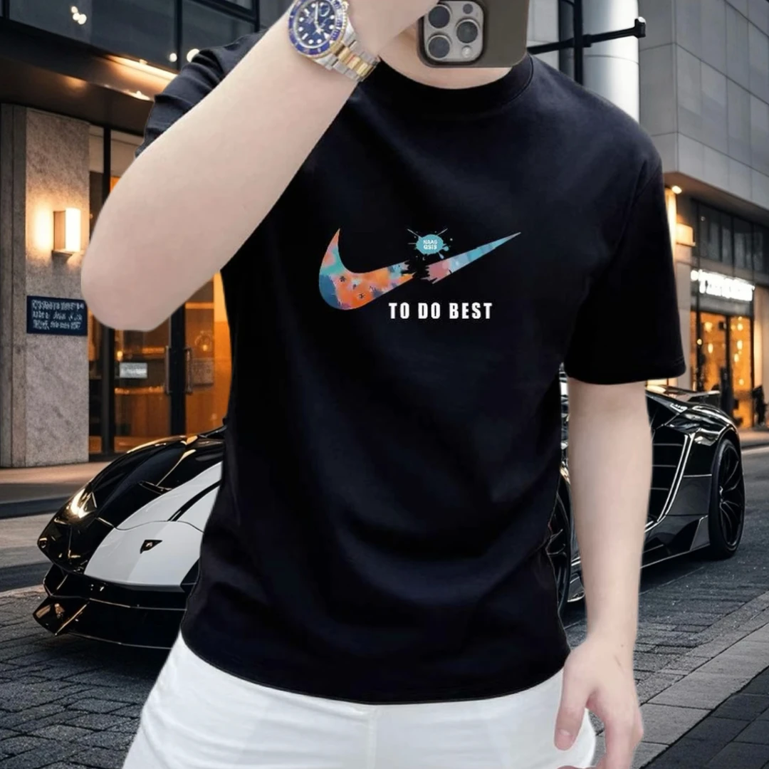 夏季男士短袖新款潮牌冰丝印花圆领半袖修身透气男装T恤凉感t恤