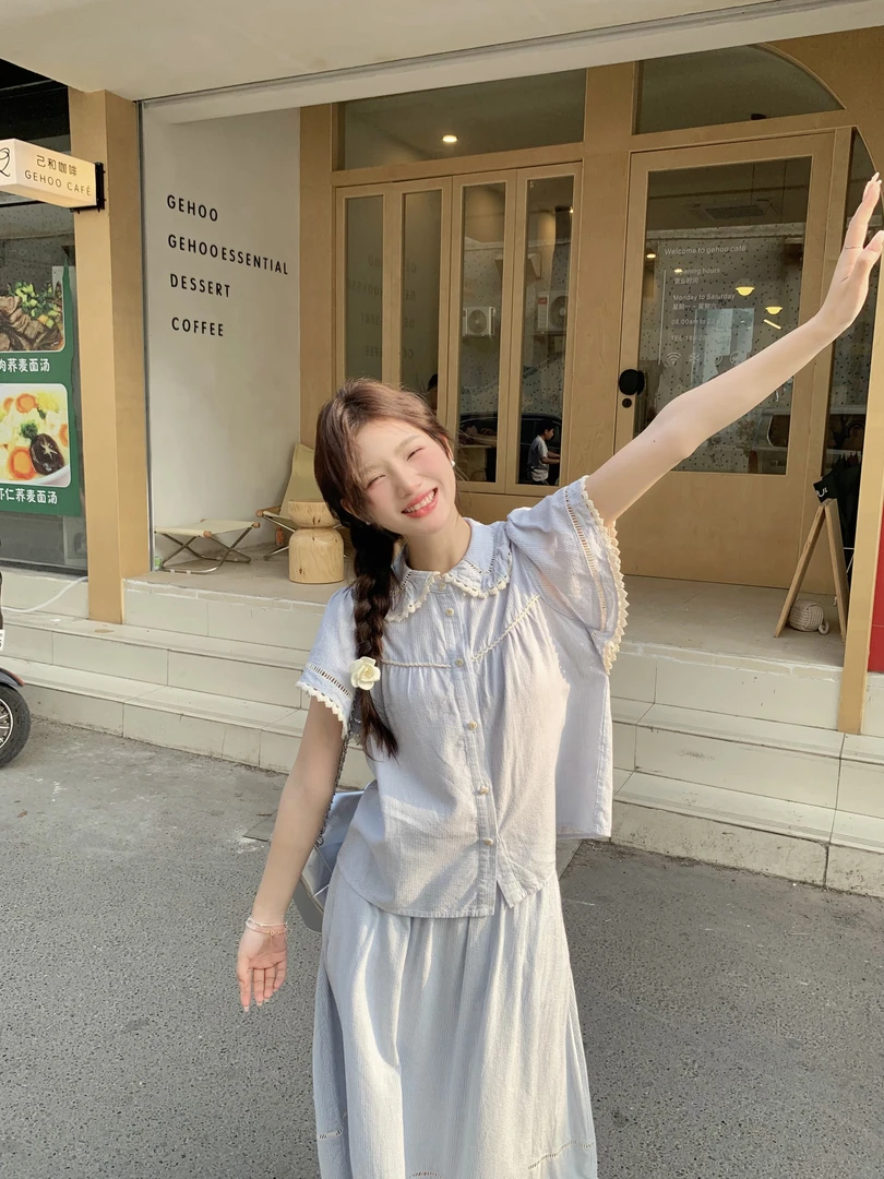 瞌睡兔清仓【童话镇】少女感减龄条纹衬衫a字半身裙新中式女装