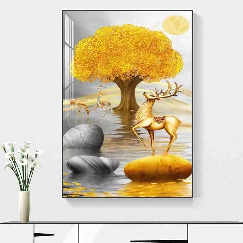 507简约轻奢黄金树招财麋鹿寓意好入户玄关装饰画客厅挂画