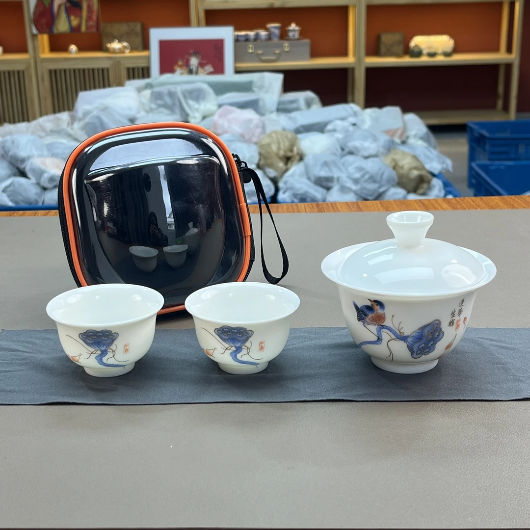 蓬荜生辉喜鹊荷白瓷旅行茶具