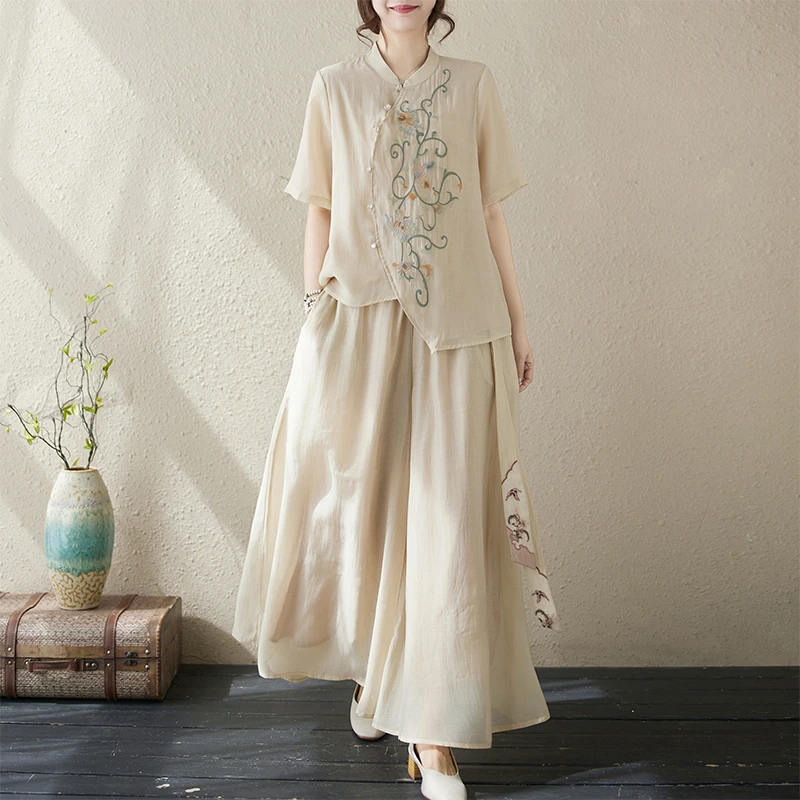 新中式国风套装女士2025夏季新款妈妈洋气时尚休闲棉麻上衣两件套