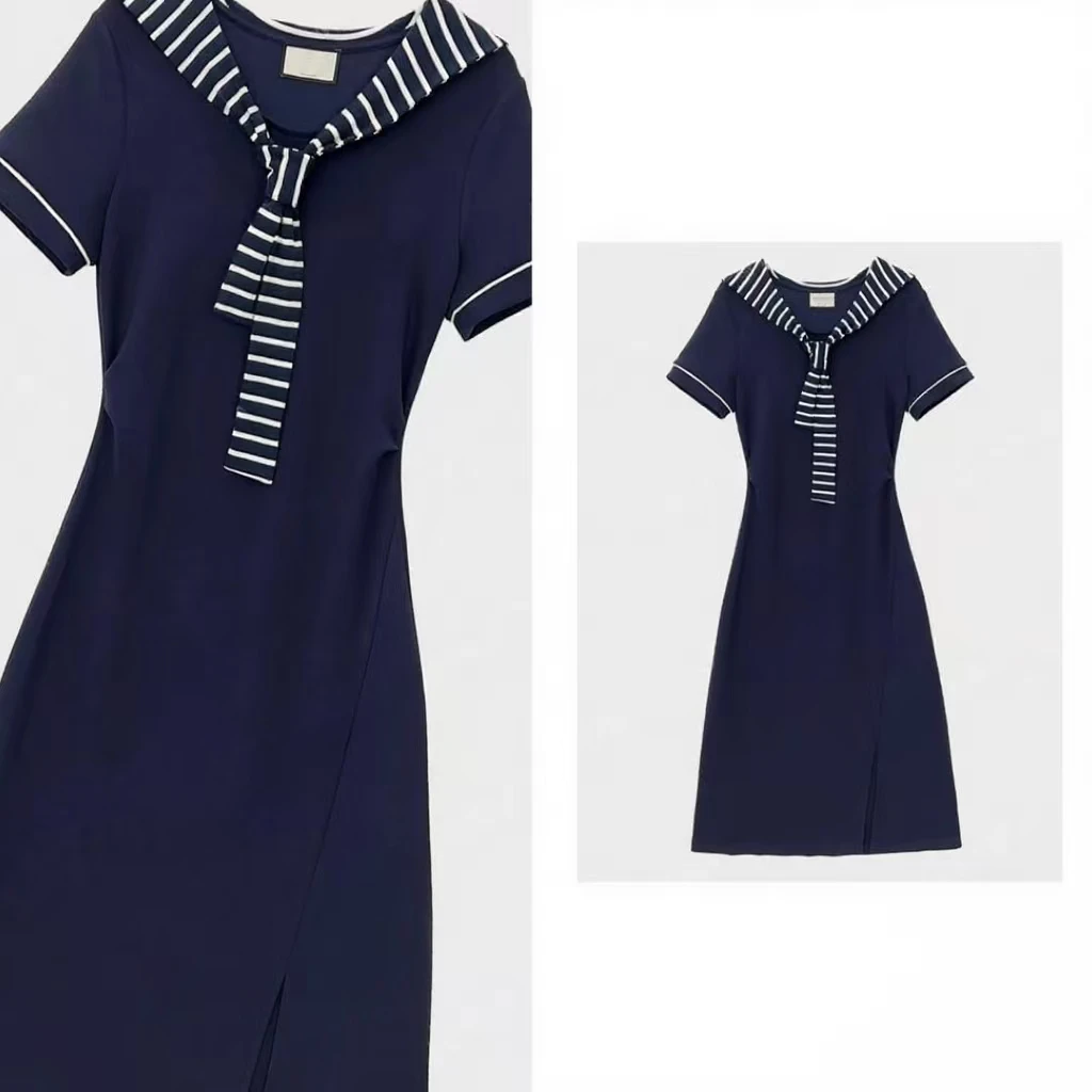 时尚设计师原创夏日女装拼接褶皱收腰显瘦减龄气质连衣裙