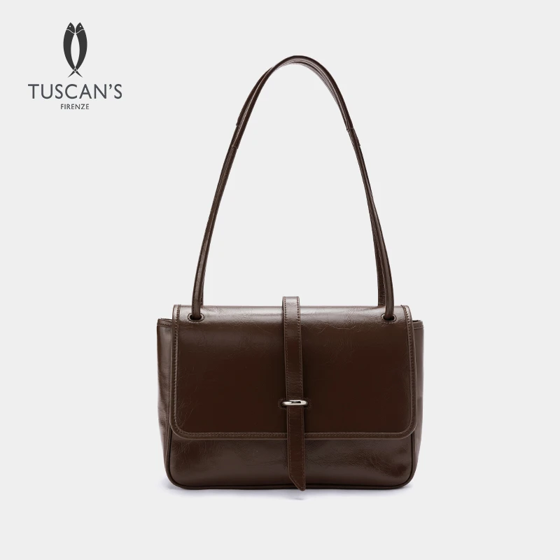 TUSCAN'S简约百搭日常通勤真皮纯色女款翻盖腋下包休闲单肩包