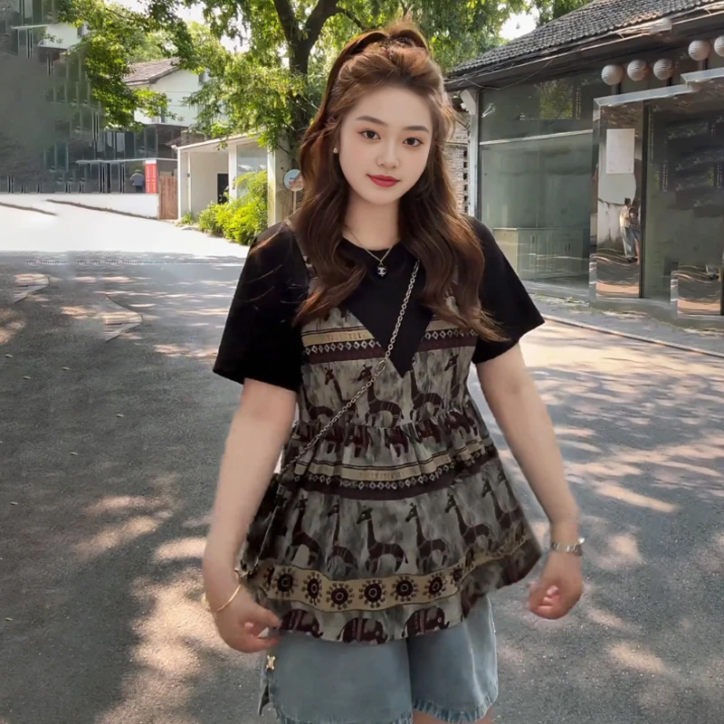 【6768桃】大码女装胖mm拼接显瘦假两件短袖夏季复古印花小衫上衣