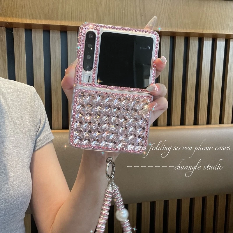 适用于华为purax手机壳粉色满钻奢华保护壳手提链条重工镶钻女款