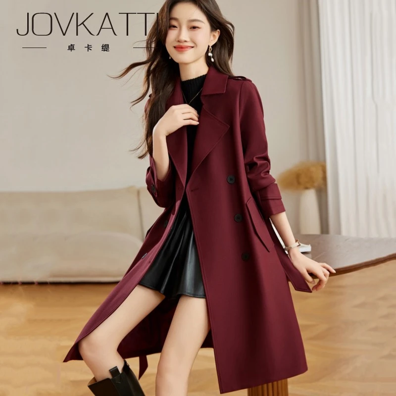 红色高级感中长版风衣外套女2025春秋新款气质显瘦英伦风大衣